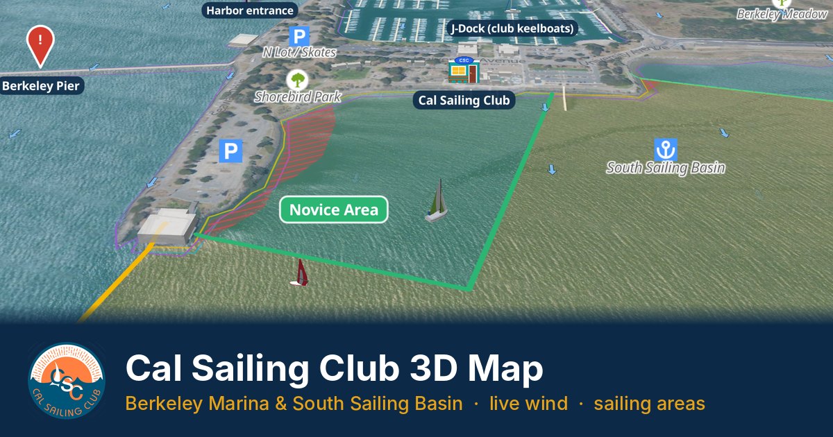 The Cal Sailing Club 3D map showing the Novice Area in the South Sailing Basin, with the clubhouse, J-Dock, Berkeley Pier, wind arrows and boats sailing